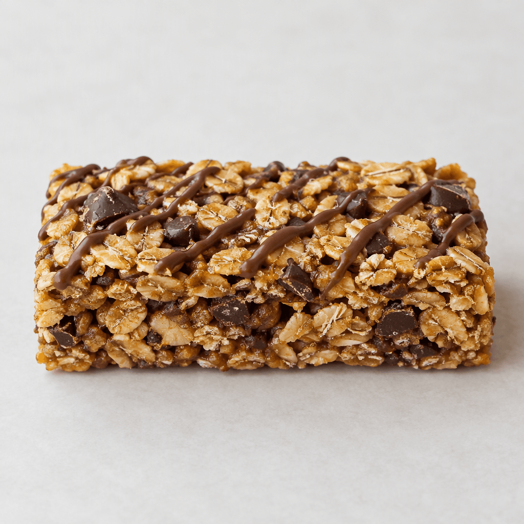 A compact rectangular bar of golden-brown oat flakes pressed together with visible dark chocolate pieces and a light chocolate drizzle, resting on a plain surface.