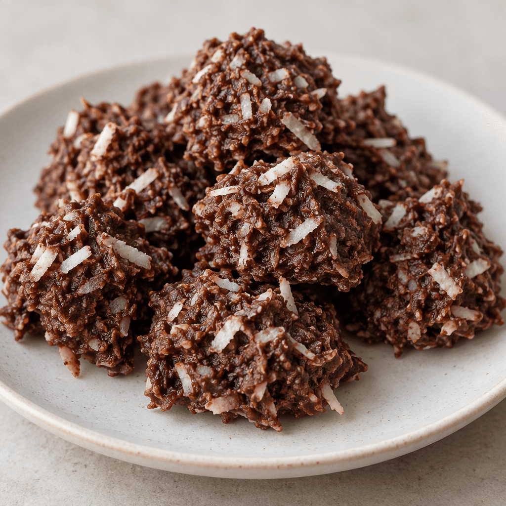 Small, irregular cocoa-brown pieces with a matte surface and visible pale coconut shreds are grouped together on a plain plate.