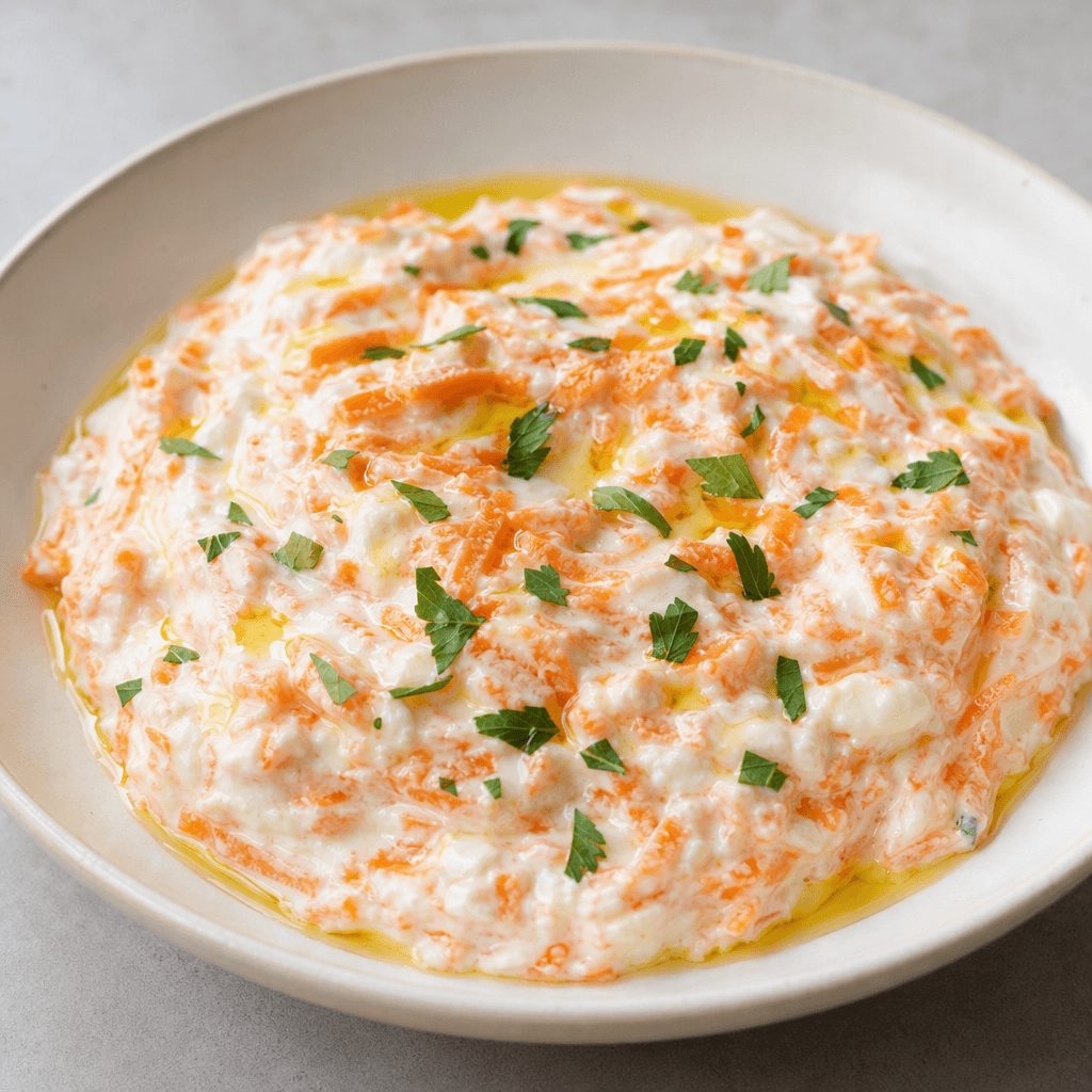 A creamy white yogurt meze flecked with finely grated orange carrots, served as a low mound in a shallow dish with a light olive-oil sheen and a few green herb leaves scattered on top.
