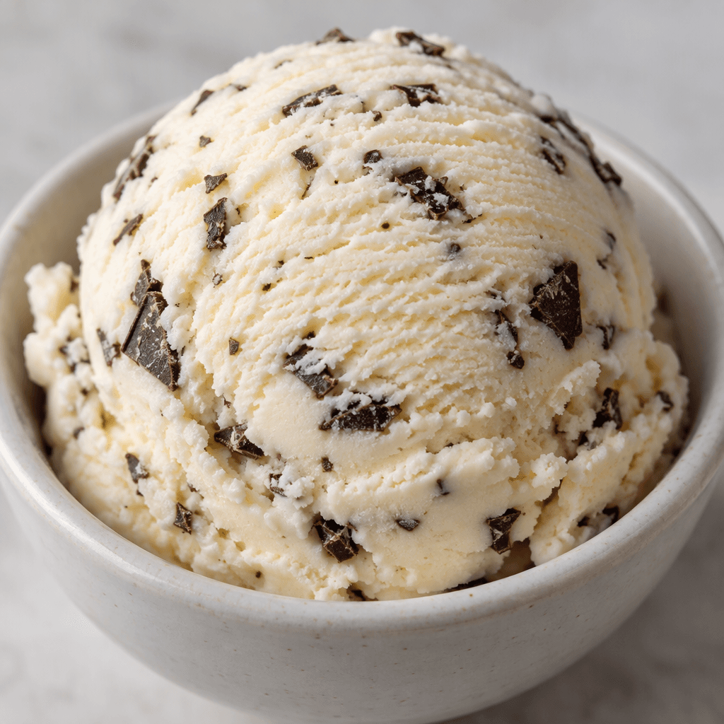 A rounded scoop of pale cream-coloured ice cream with small dark chocolate pieces scattered through its smooth, slightly ridged surface, served in a dish.