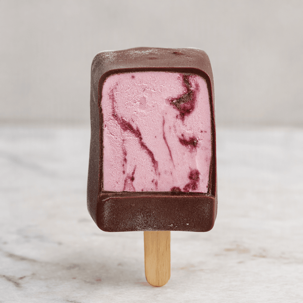 A small, rectangular ice-cream bar with a dark chocolate coating, shown on a stick, with a pink berry-coloured centre and darker berry streaks visible where it is cut.
