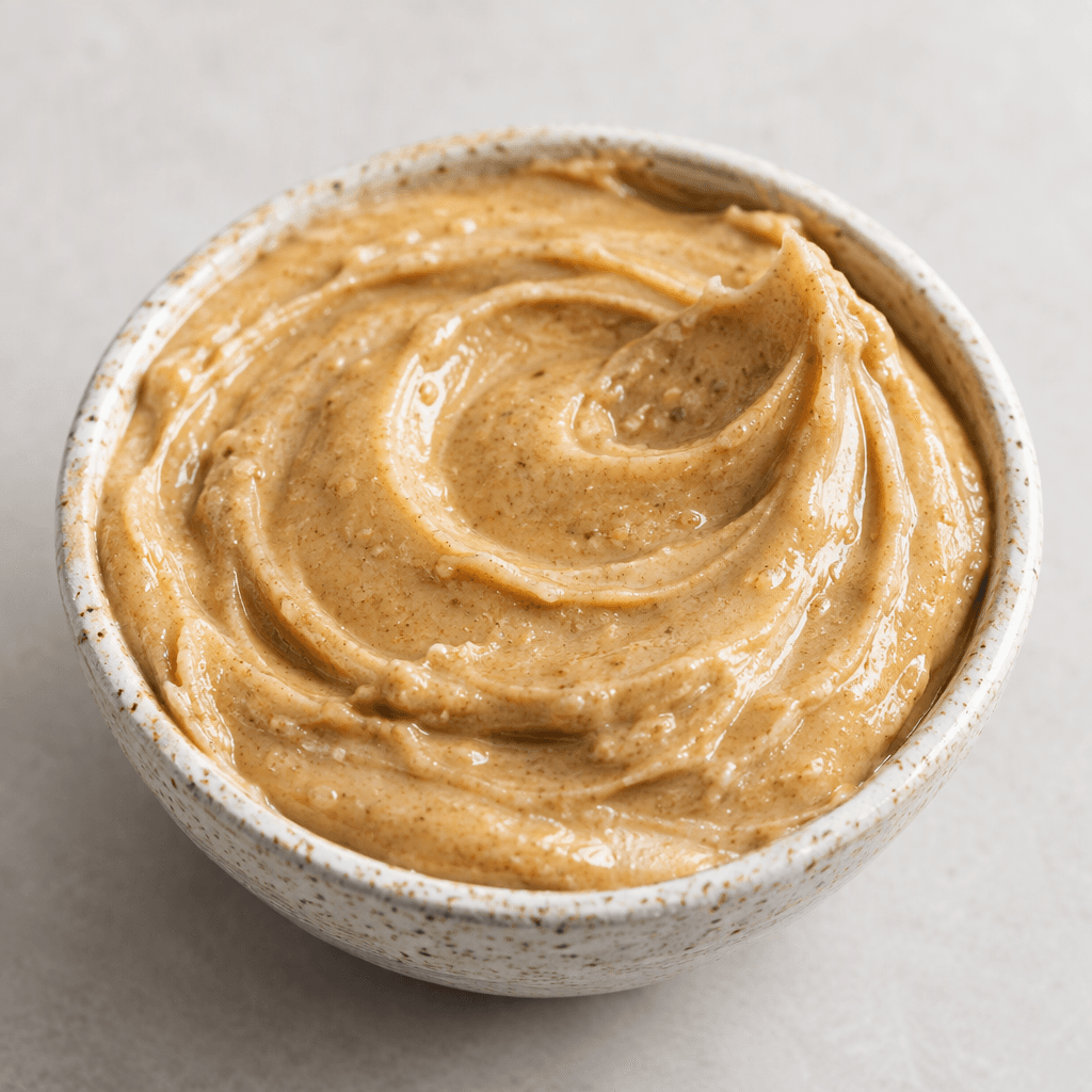 Thick, smooth cashew butter forms a glossy, pale beige mound with soft swirls and a few darker flecks.