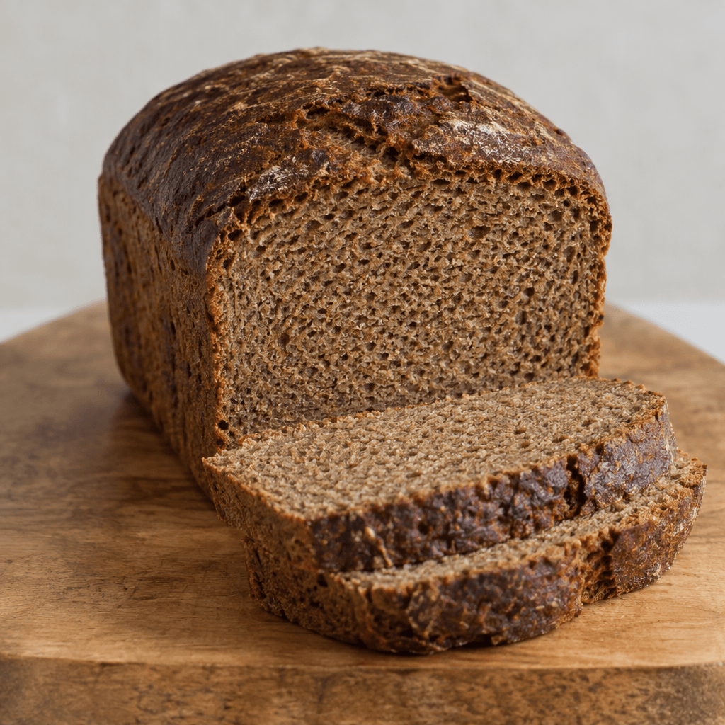 A rustic loaf of rye bread with a deep brown crust, a dense finely textured crumb visible in thick cut slices, and a compact rectangular or rounded loaf shape, served on a plain board.