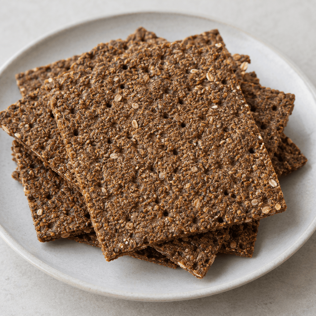 Thin, firm, dark-brown rye crispbread with a rough, grainy surface and small holes, arranged in overlapping pieces on a plate.