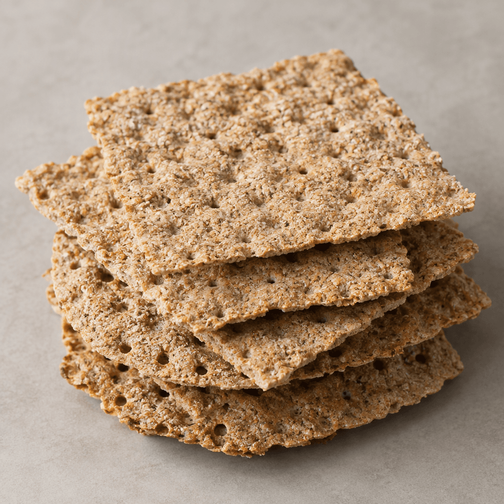 Thin, rigid, flat crispbread pieces with irregular round or rectangular edges, a warm beige-brown colour, a rough porous surface, and small perforations, arranged in a loose stack.