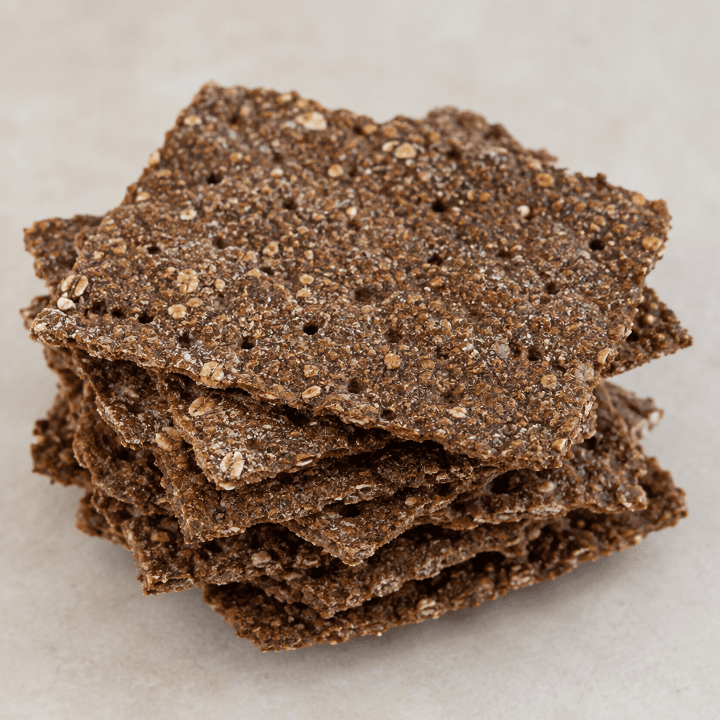 Thin, flat rye crackers with irregular rectangular edges, deep brown color, a dry crisp surface dotted with small holes and visible coarse rye grains, arranged in a loose stack.
