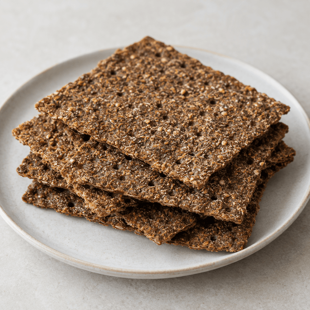 Thin, rigid rye crispbreads with a dark brown, unevenly baked surface, small holes and coarse grainy texture, arranged in a loose stack on a plate.