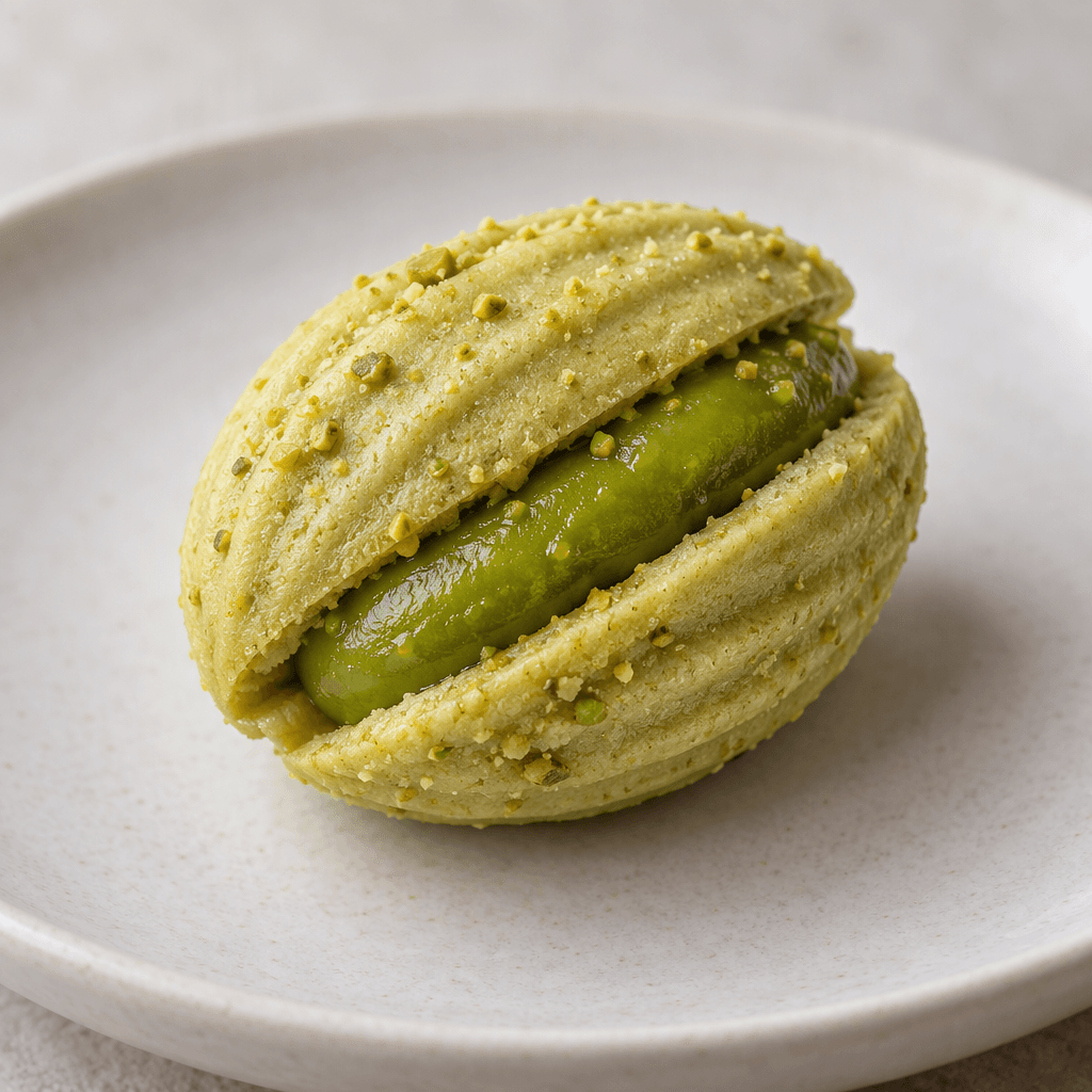 A small oval pistachio-shaped pastry with a pale green, gently ridged shell, split open to reveal a smooth, vivid green center and set on a plain plate.