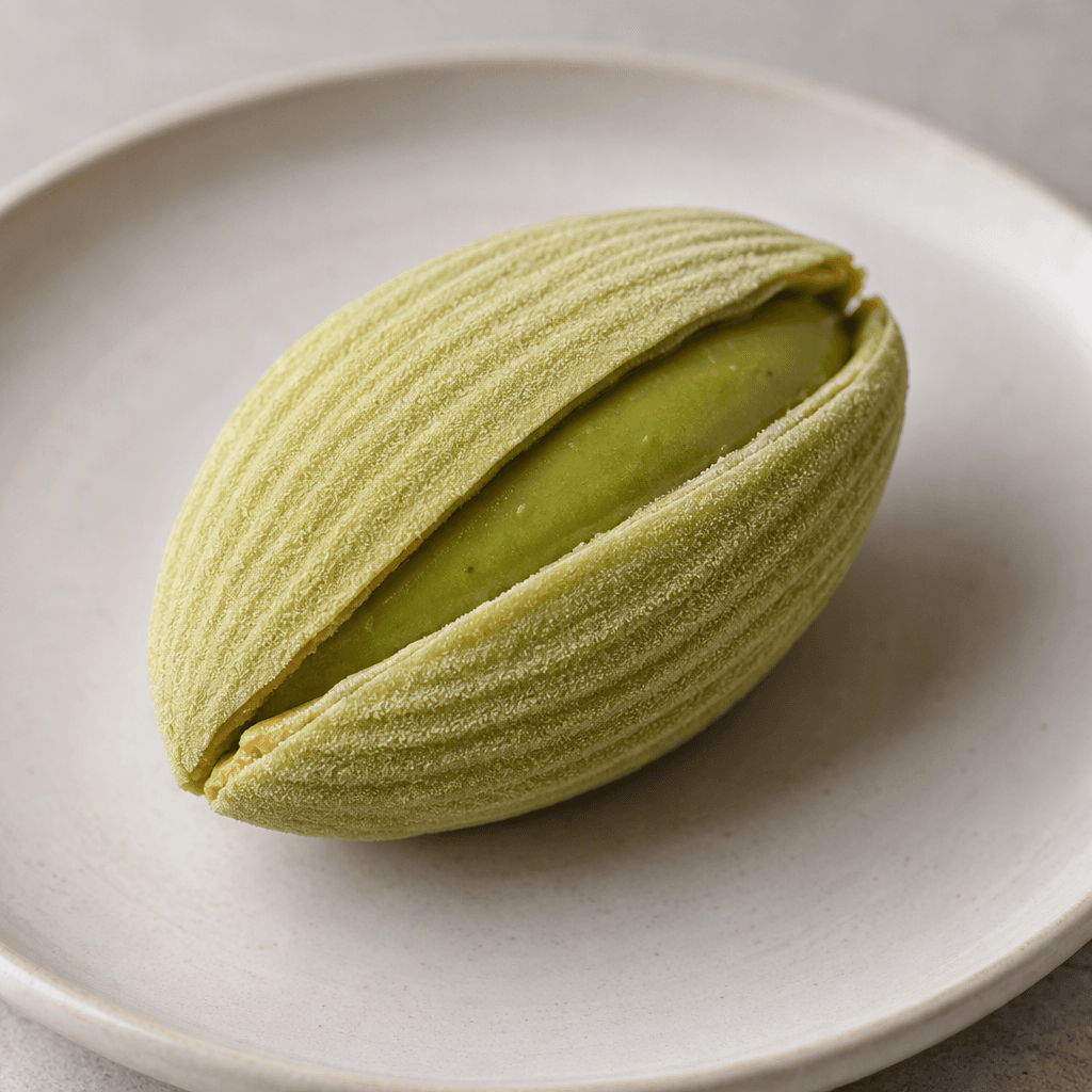 An elongated, pointed oval pastry with a pale green, finely ridged shell and a slightly open seam revealing a smooth, deeper-green interior, served on a plain plate.