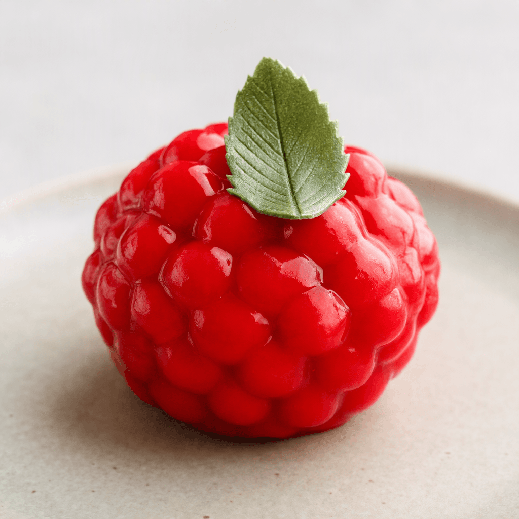 A vivid red, raspberry-shaped pastry sits on a plate, its glossy surface formed from tightly packed rounded bumps and topped with a small green leaf.