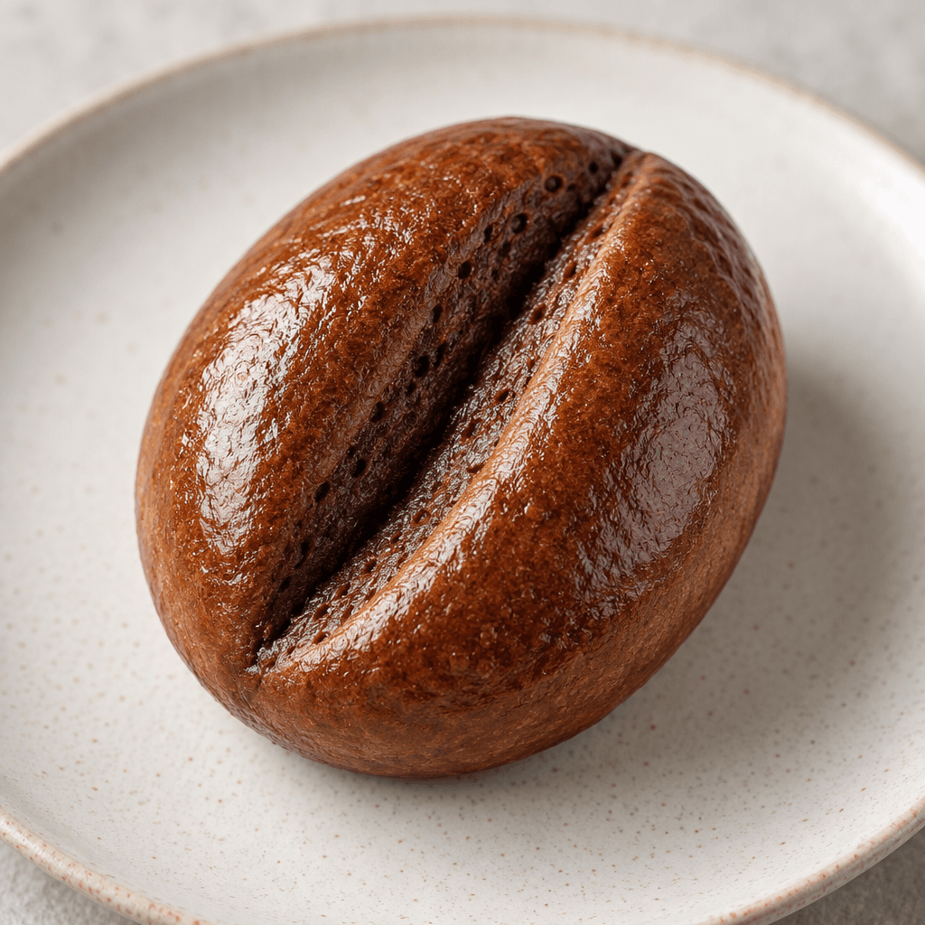 A single oval, coffee-bean-shaped pastry with a smooth, glossy medium-brown surface and a deep curved groove down the center sits on a plain plate.