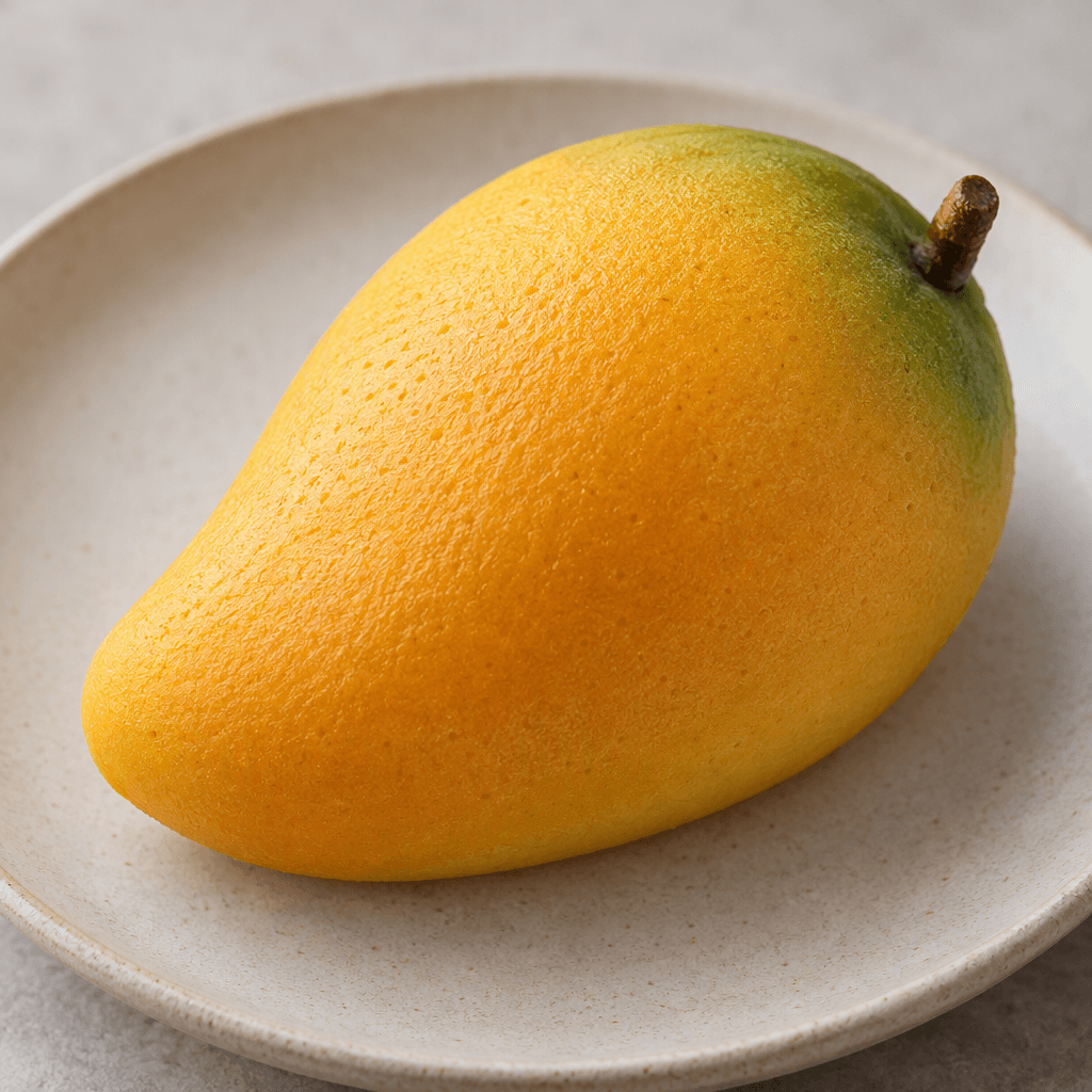 A mango-shaped pastry with a smooth, softly dimpled yellow-orange exterior, subtle green shading near the top, and a small brown stem, resting on a plate.