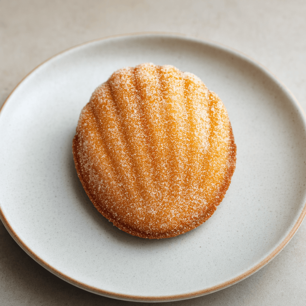 A small, neatly shaped pastry with a fine coating of white sugar, its lightly textured surface served on a simple plate.
