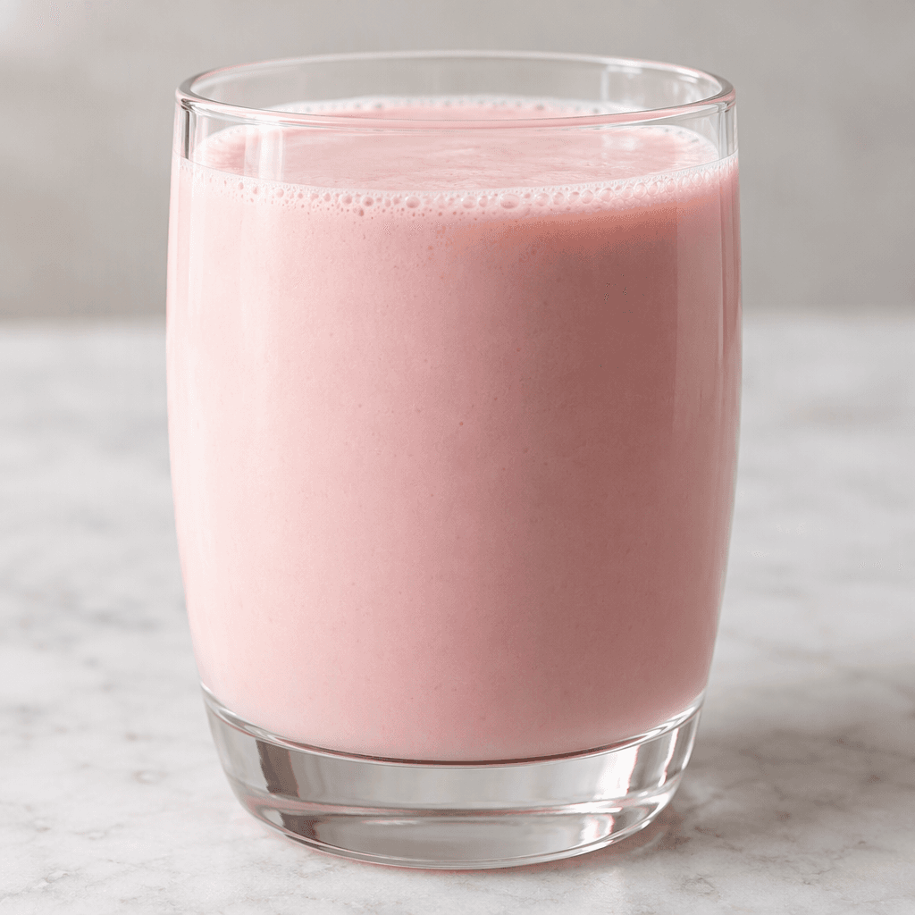A smooth, pourable pale pink dairy drink sits in a clear glass, with an even, creamy appearance and no visible fruit pieces.