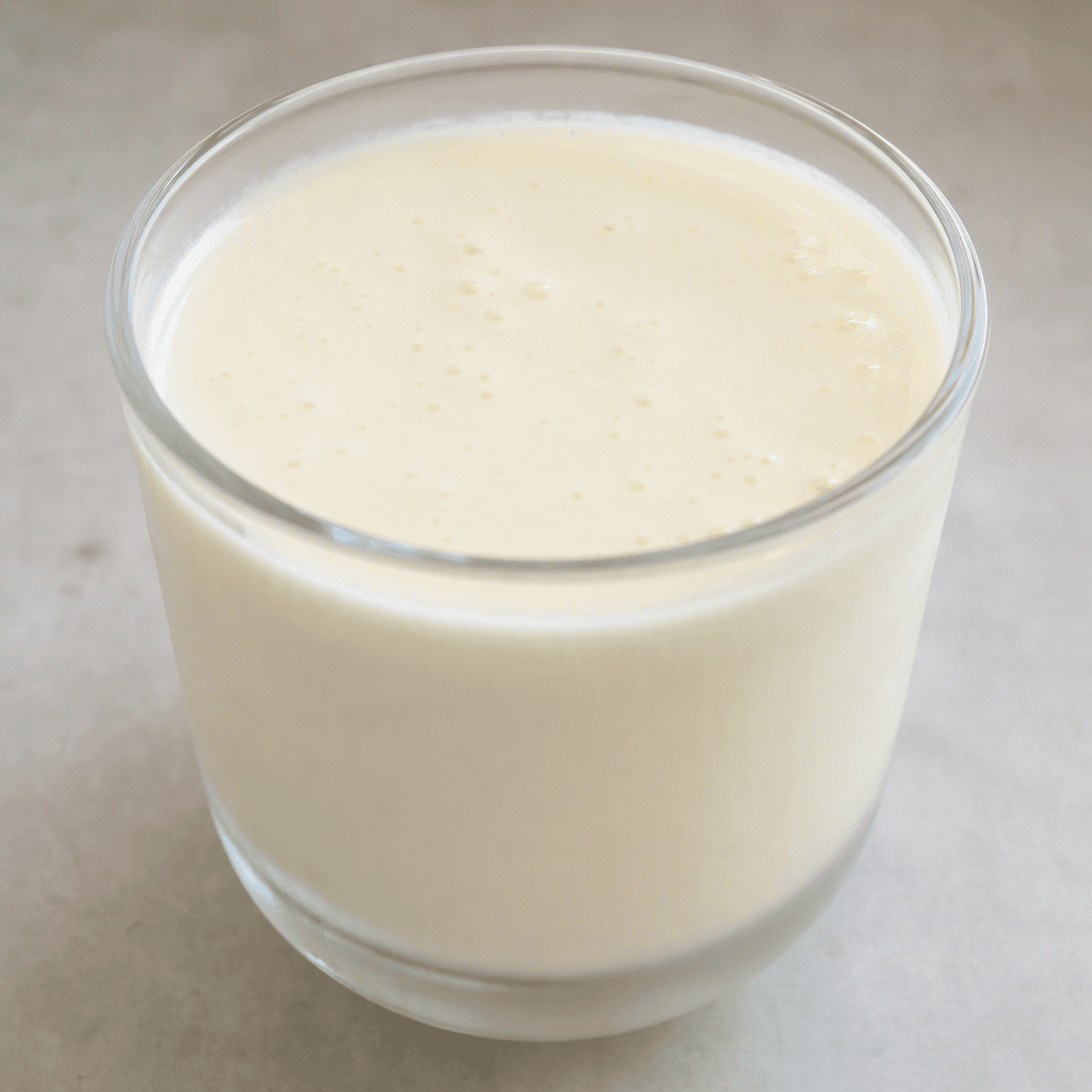 A pale ivory, creamy kefir with a smooth, pourable consistency and a few tiny bubbles on its surface, served in a clear glass.
