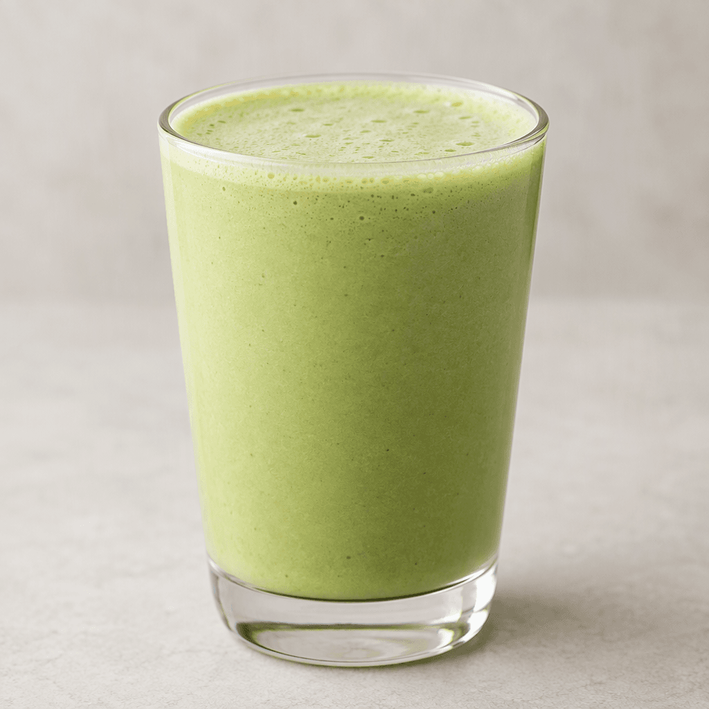 A smooth, opaque, pale green drink with a creamy, lightly frothy surface, served in a clear glass.