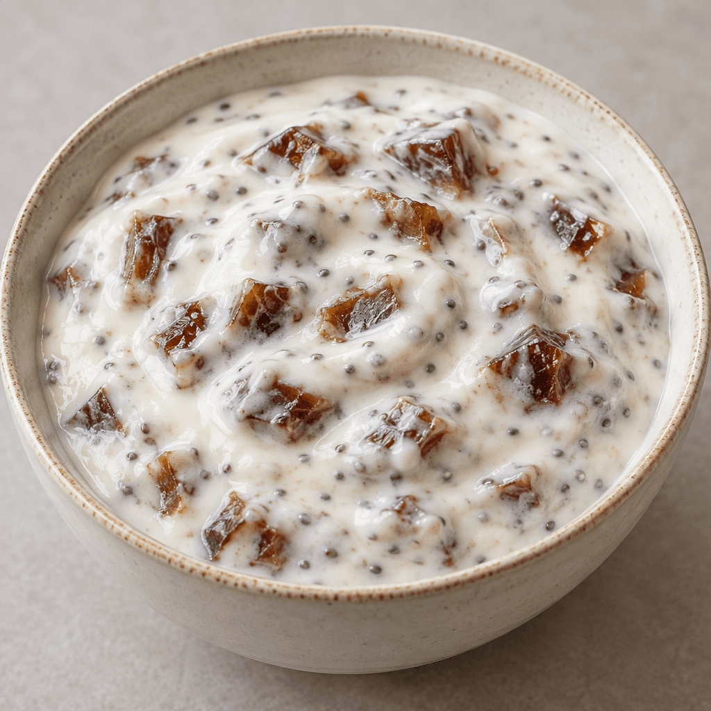 A thick, creamy off-white yogurt with tiny black chia seeds and small soft brown date pieces throughout, served in a bowl.