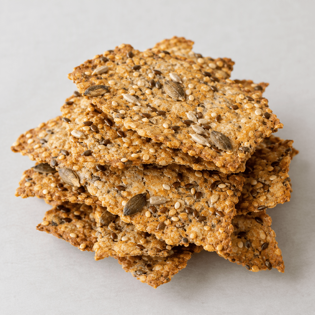 Thin, flat, irregularly edged golden-brown crackers with assorted seeds visibly pressed into their crisp, textured surfaces, arranged in a loose overlapping stack.