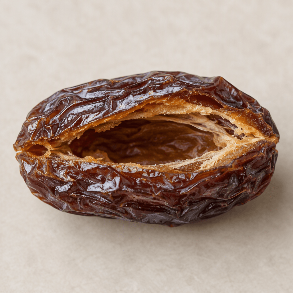 A whole, elongated oval date with wrinkled, glossy dark-brown skin, split lengthwise to reveal its empty central cavity.