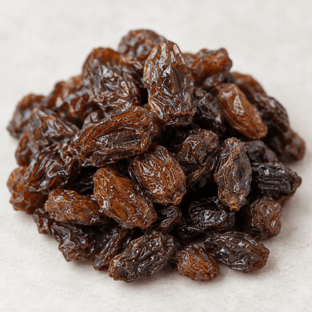Small, dark amber to brown, seedless dried grapes with deeply wrinkled, slightly glossy skins and irregular oval shapes, gathered in a loose pile.