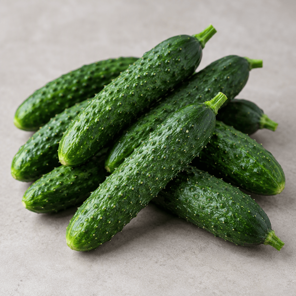 Several small, slender Çengelköy cucumbers lie together, with dark green, finely bumpy skins, scattered pale spines, gently tapered ends, and fresh green cut stems.