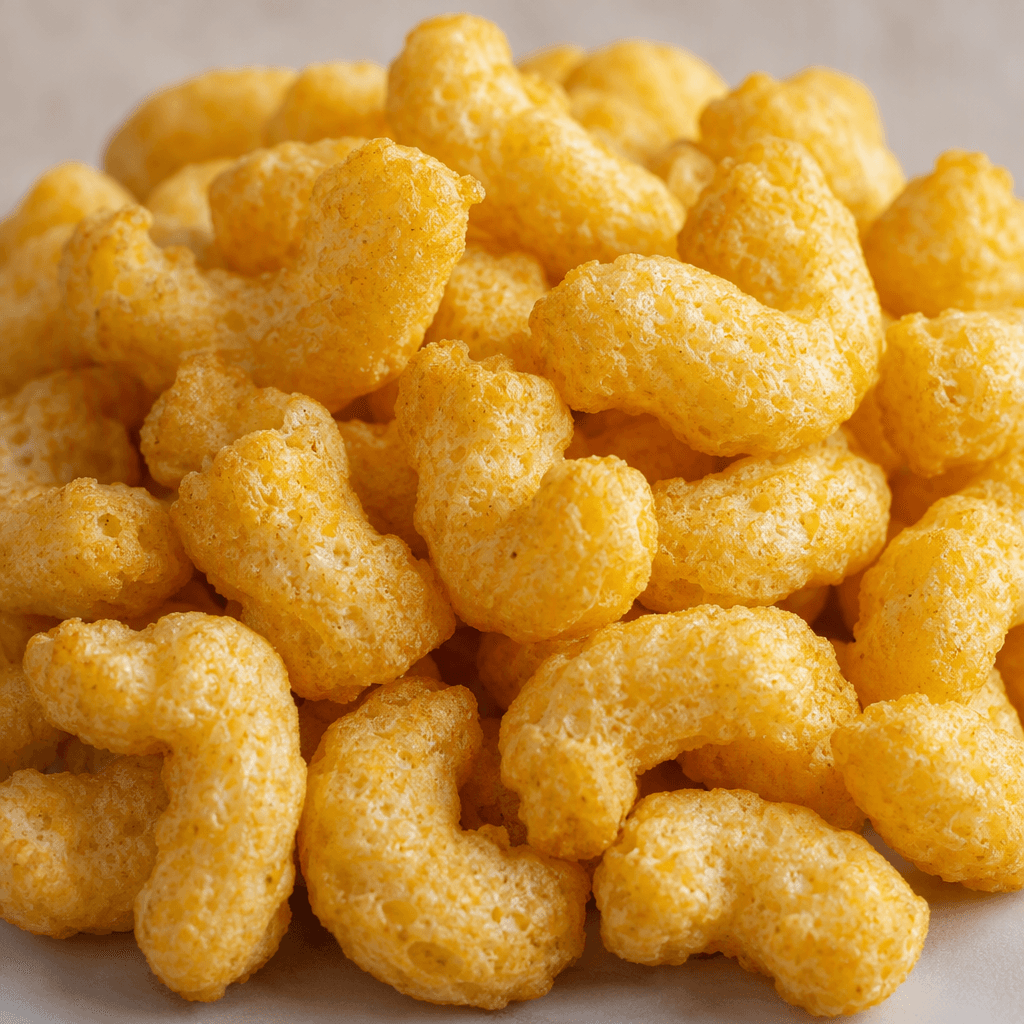 Small, airy golden-yellow corn pieces with a rough, lightly ridged surface and irregular curved shapes are piled together.