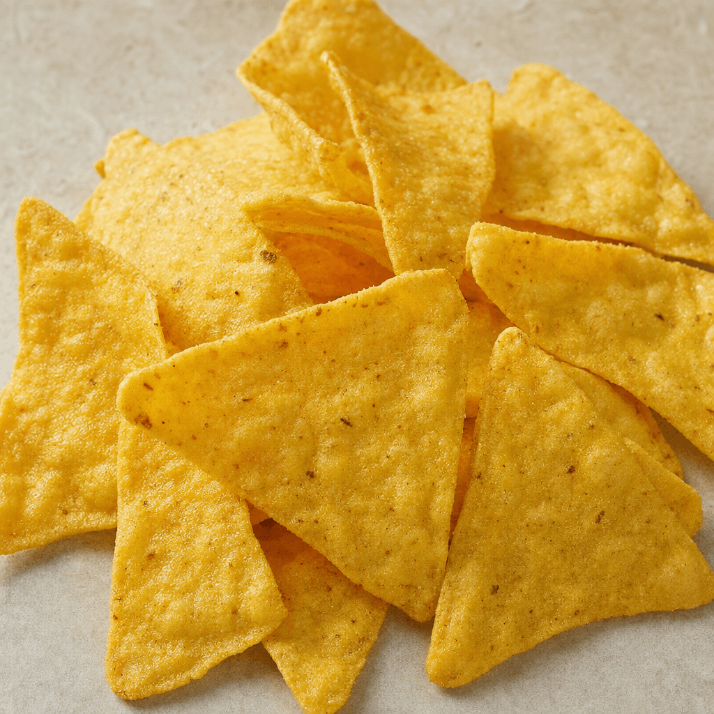 A small pile of crisp, golden-yellow corn chips with irregular triangular shapes and a lightly bubbled, grainy surface.