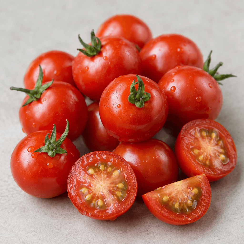 Small, smooth, glossy, round tomatoes with thin red skins, each about the size of a large marble, shown whole and in a few cut pieces revealing juicy flesh, pale seed pockets, and a small green stem.