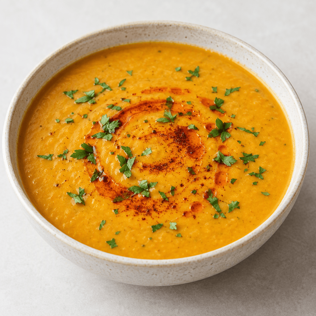 A smooth, creamy golden-orange lentil soup in a shallow bowl, topped with a small swirl of red butter and scattered green herbs.