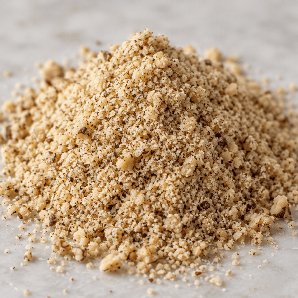 A small mound of finely ground walnut flour, pale tan to light brown with darker flecks and a slightly coarse, crumbly texture.