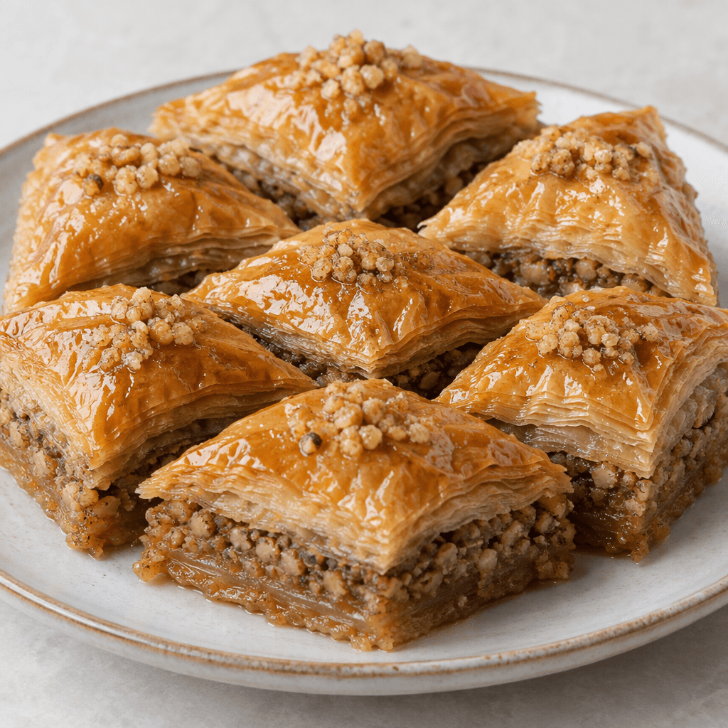 Diamond-shaped pieces of walnut baklava are arranged on a serving plate, showing many thin, crisp golden-brown pastry layers, a coarse walnut filling between the layers, and a glossy syrup sheen on the surface.
