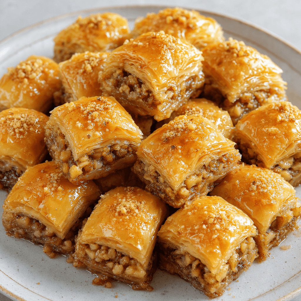 Küçük kare ya da baklava dilimi biçimindeki parçaların ince, çıtır altın-kahverengi katmanları arasında kıyılmış cevizler görülür; şerbetle hafifçe parlayan üstleri tabakta yan yana dizilidir.