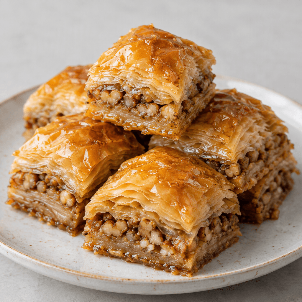 Golden-brown layered pastry pieces with crisp, flaky edges, visible chopped walnuts between the layers, and a glossy syrup sheen, arranged on a serving plate.