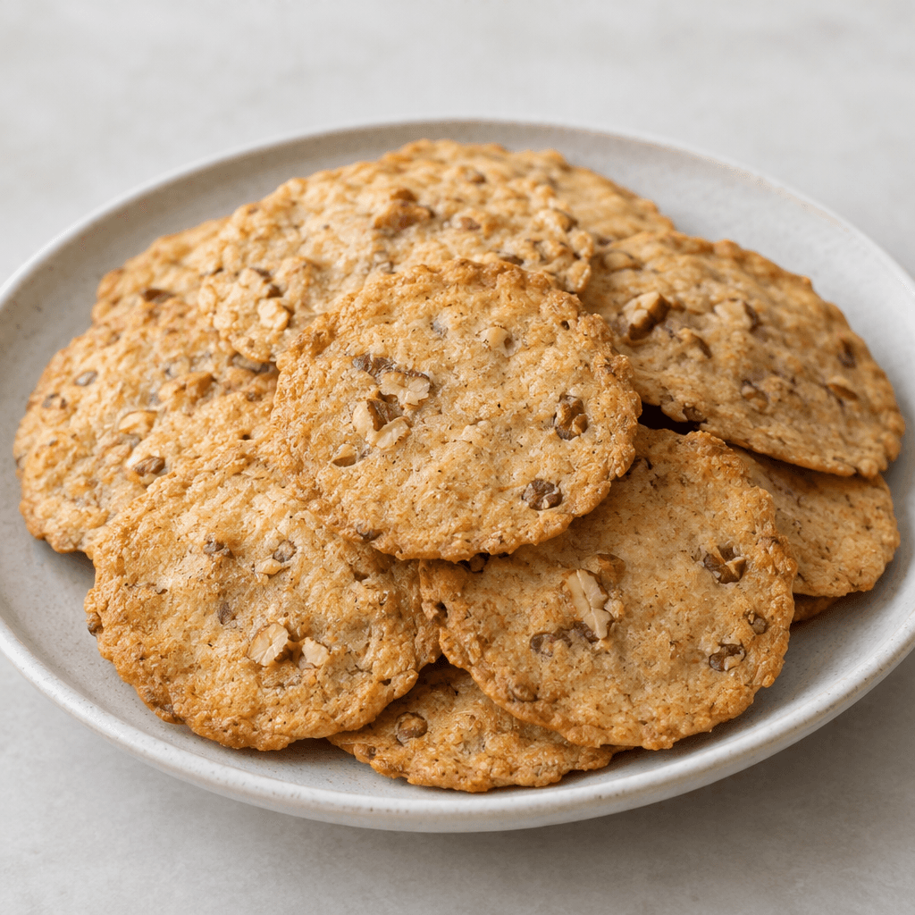 Thin, flat, golden-brown crackers with roughly round edges, a dry, lightly textured surface and small walnut pieces visible throughout, arranged on a plate.