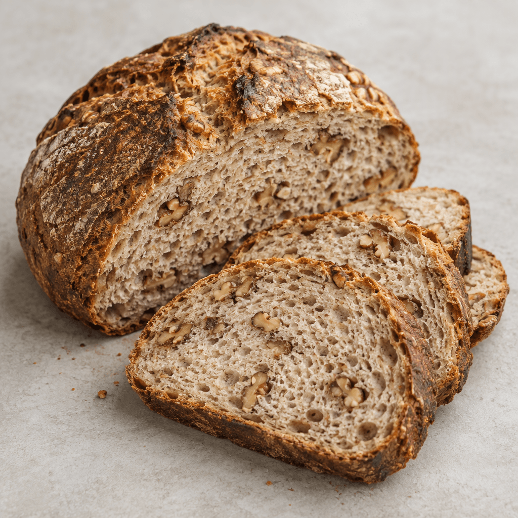 A rustic, roughly oval loaf of bread with a deeply browned, lightly cracked crust, sliced to reveal a firm beige crumb studded with irregular pieces of walnut, with several slices arranged beside the remaining loaf.