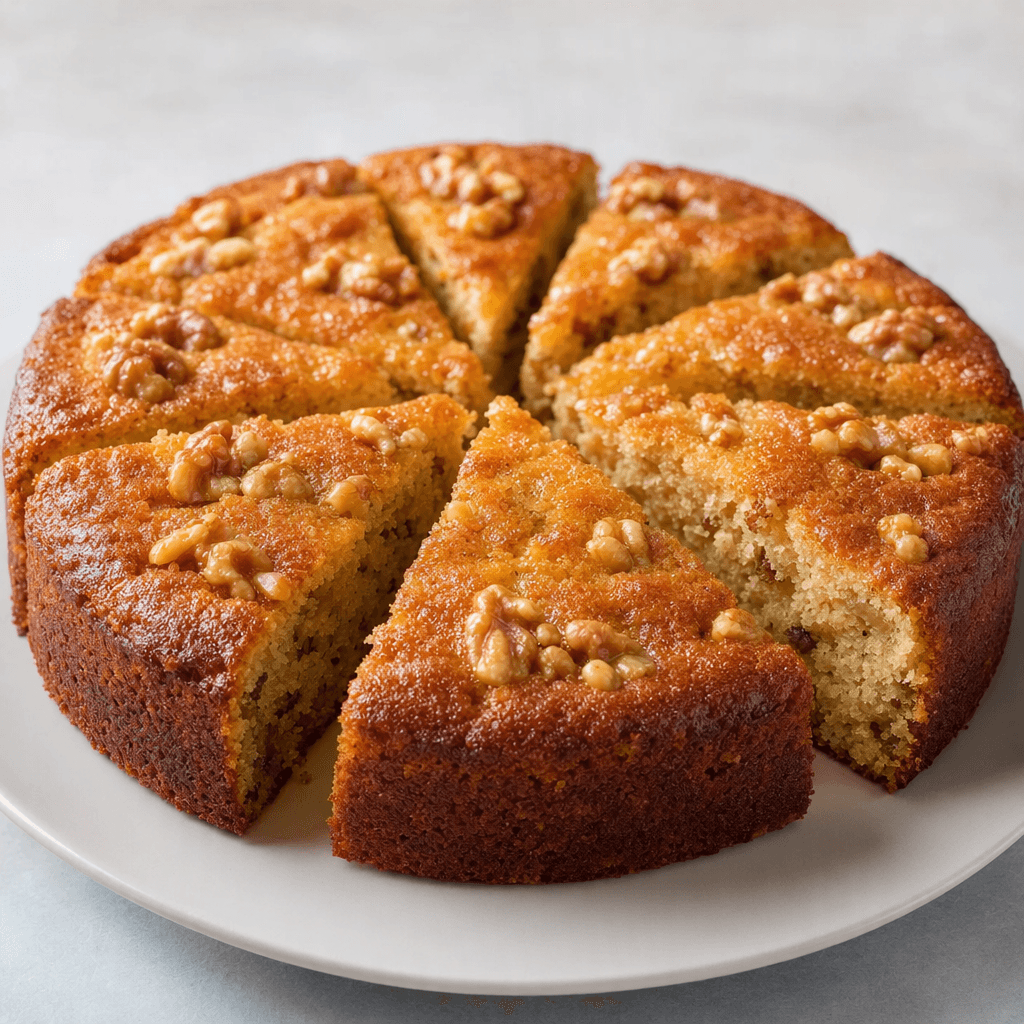 A golden-brown homemade cake with a soft, slightly crumbly interior dotted with chopped walnuts, cut into slices and served on a plain plate.