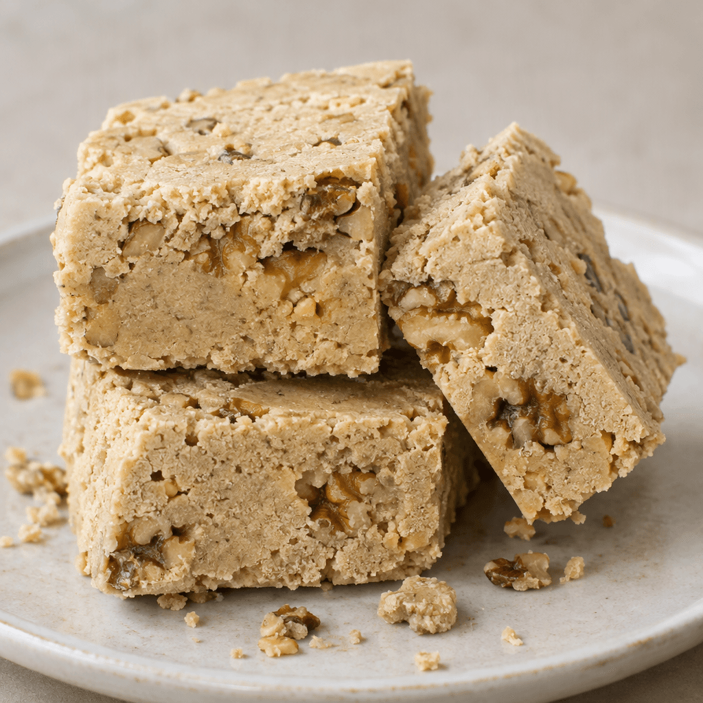 Pale beige, dense and crumbly walnut halva is cut into thick rectangular pieces, with uneven walnut pieces visible throughout and a few loose crumbs on the serving plate.