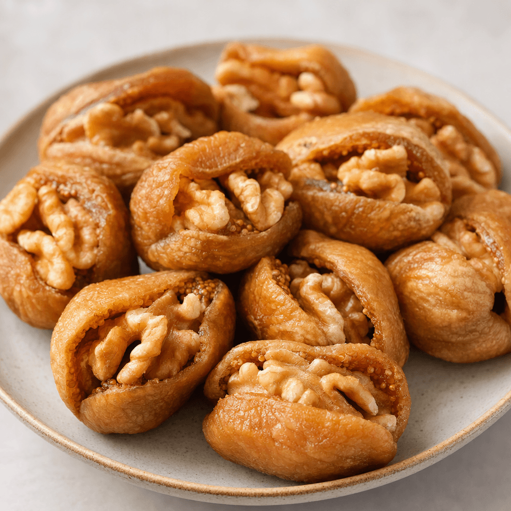 Soft, flattened golden-brown dried figs are split open and filled with chunky, ridged walnut pieces, arranged together on a plate.