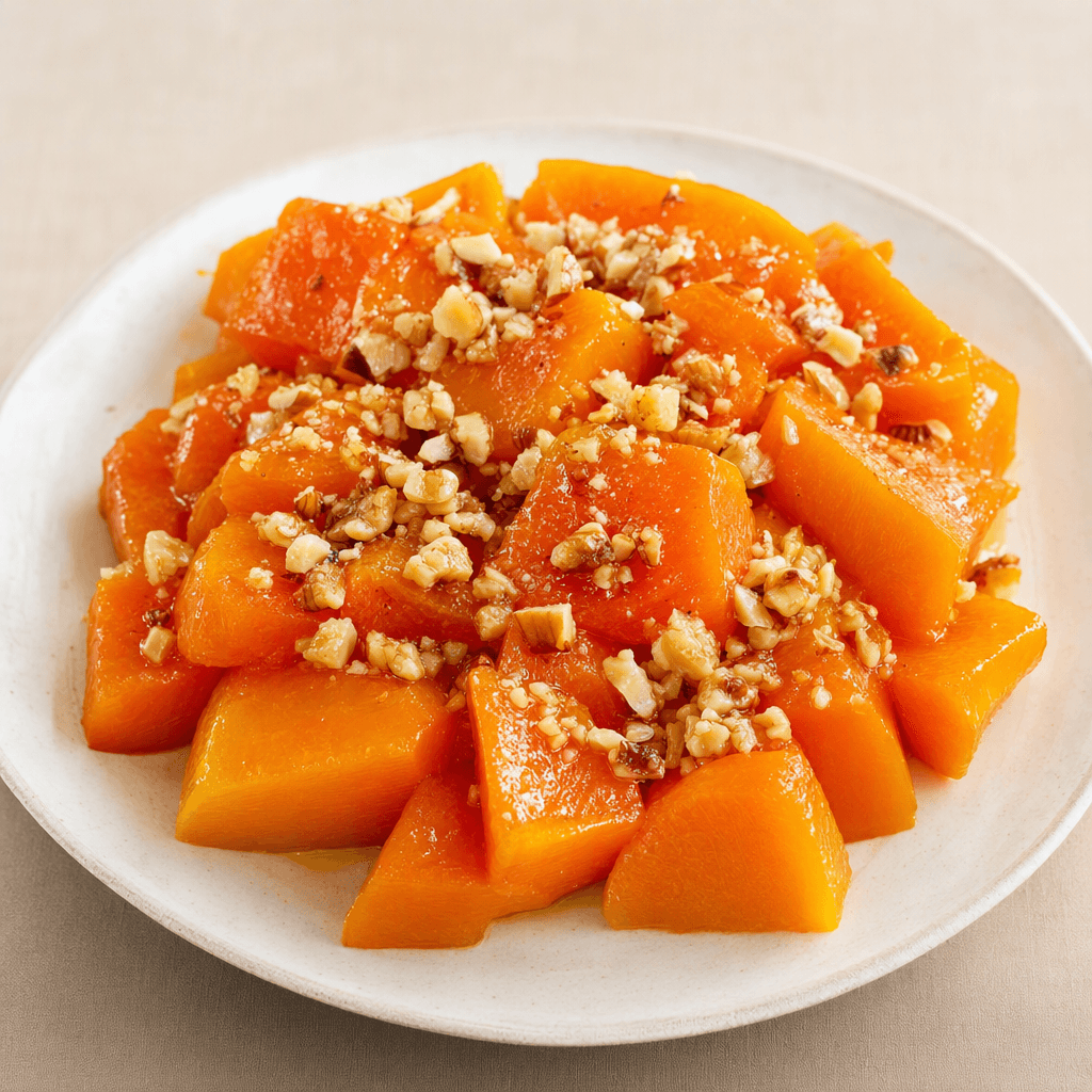 Glossy deep-orange pumpkin pieces sit on a serving plate, topped with a scattering of chopped walnuts.