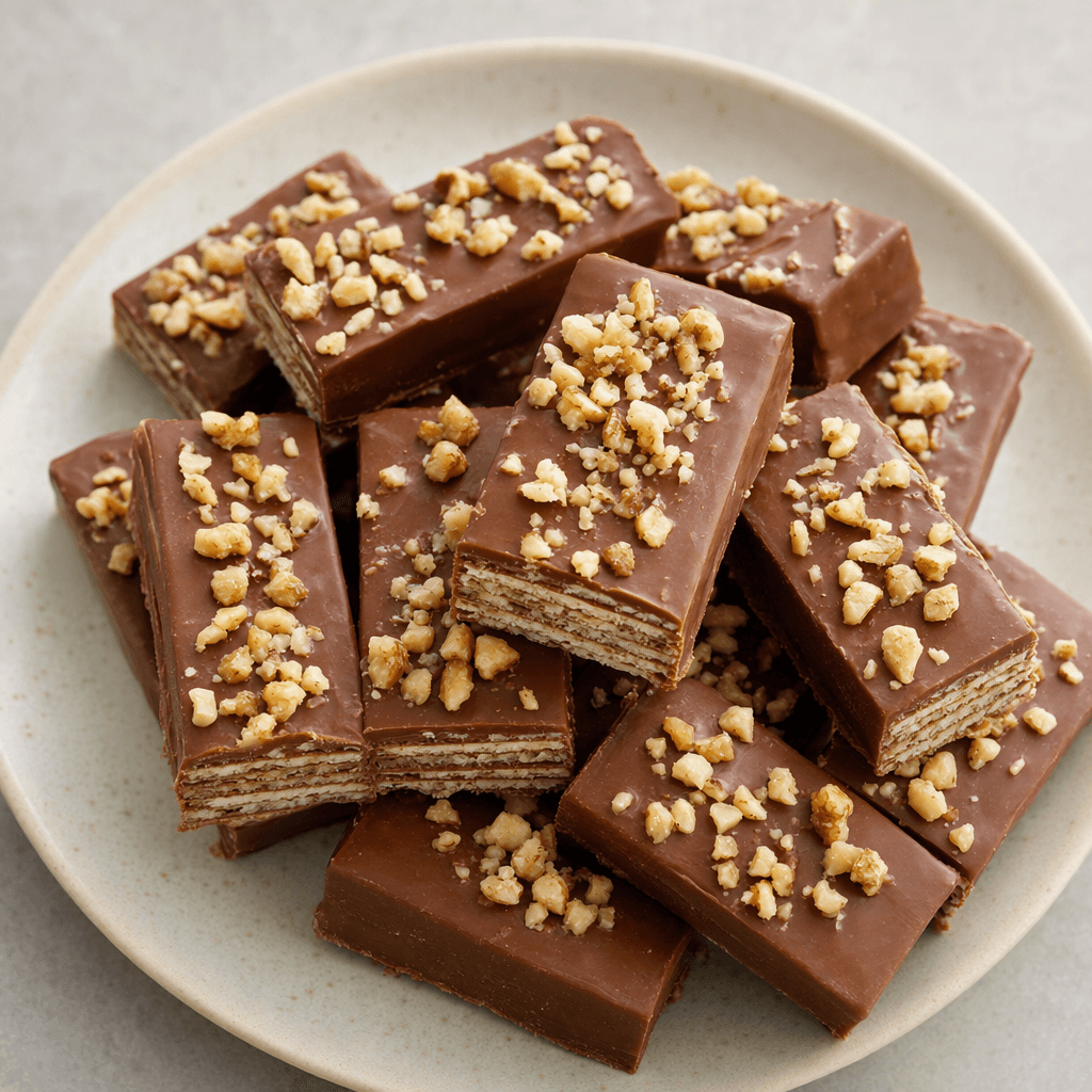 Rectangular chocolate-coated sweet pieces are arranged on a plate, with chopped walnuts scattered over the glossy brown tops and pale, crisp wafer layers visible at the cut edges.