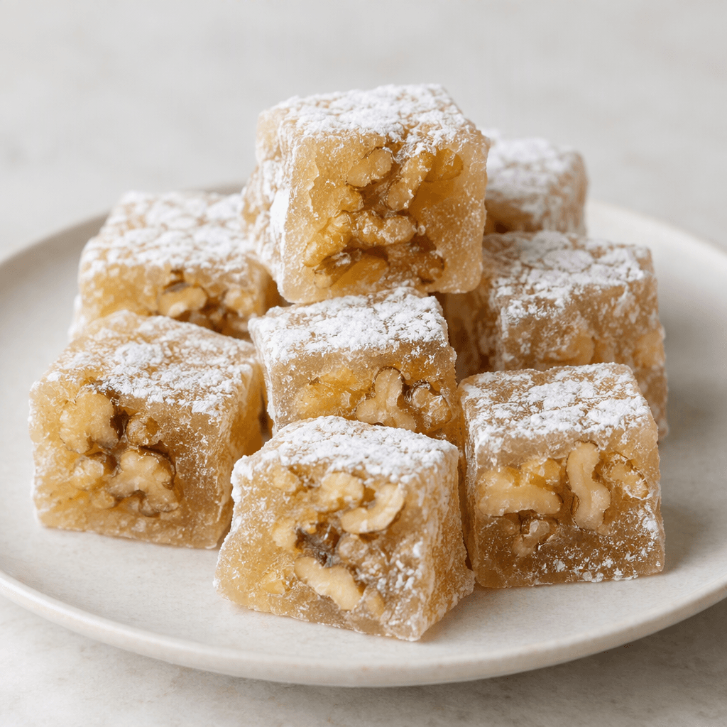 Soft, pale amber translucent squares of chewy confection, each showing pieces of walnut inside and lightly dusted with powdered sugar, arranged on a plate.