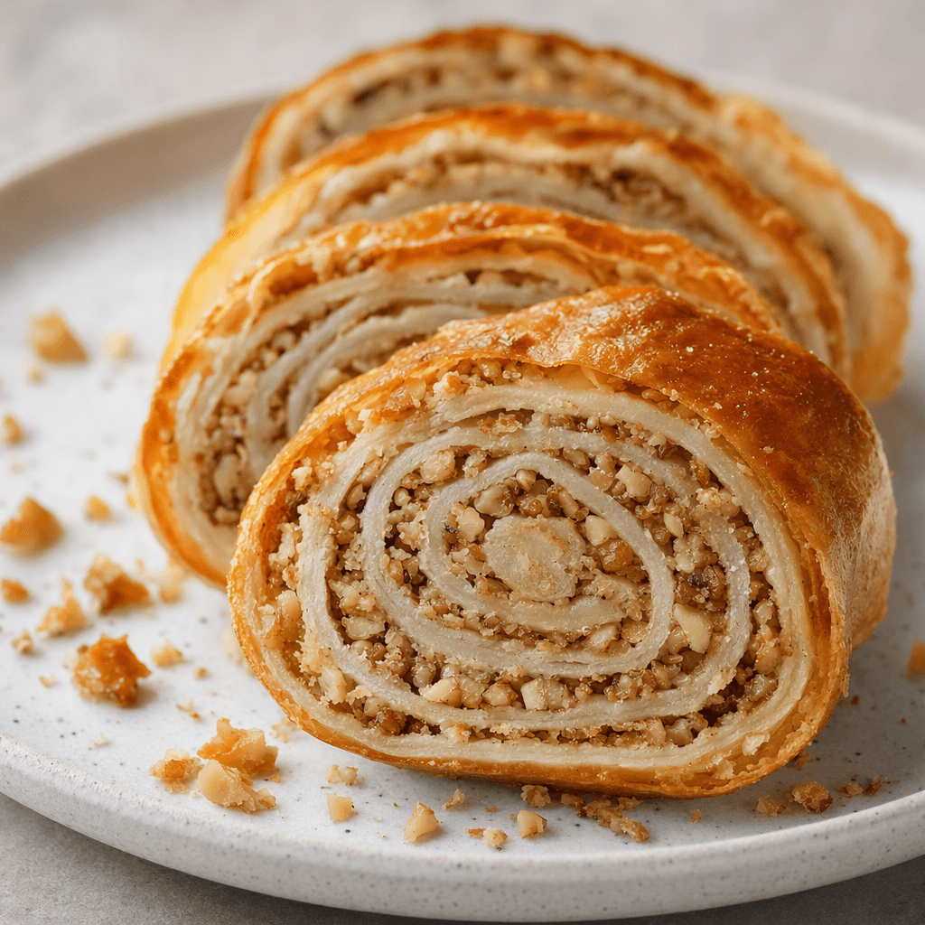 A golden-brown rolled pastry is cut into thick slices, revealing a tight spiral of pale dough and finely chopped walnuts, with a few crumbs scattered on the plate.