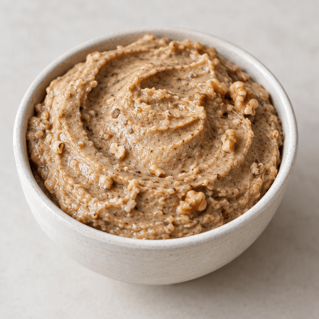 A thick, smooth beige-brown spread with fine darker walnut flecks and a few visible walnut pieces, mounded in a small bowl with soft swirls across the surface.