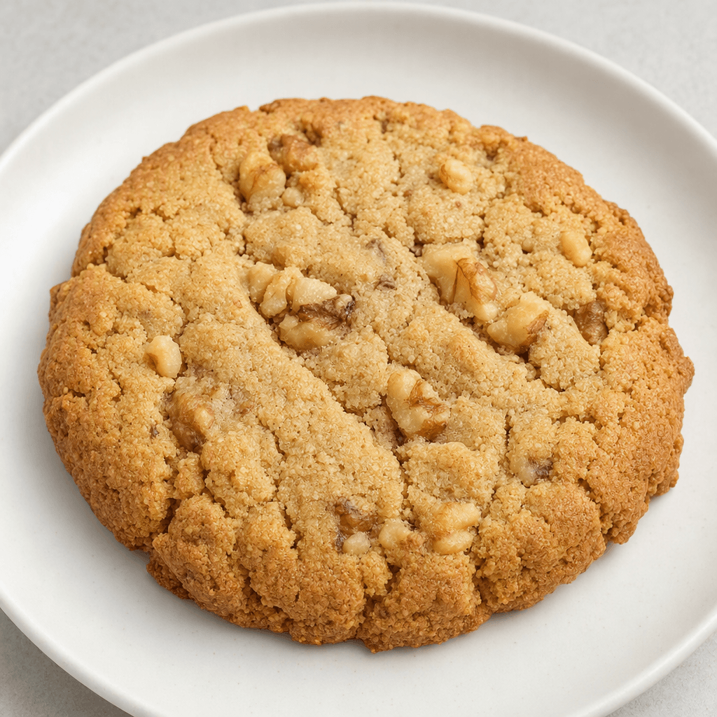 A thick, round, slightly uneven golden-brown cookie with a crumbly, cracked surface and visible walnut pieces, served on a plain plate.