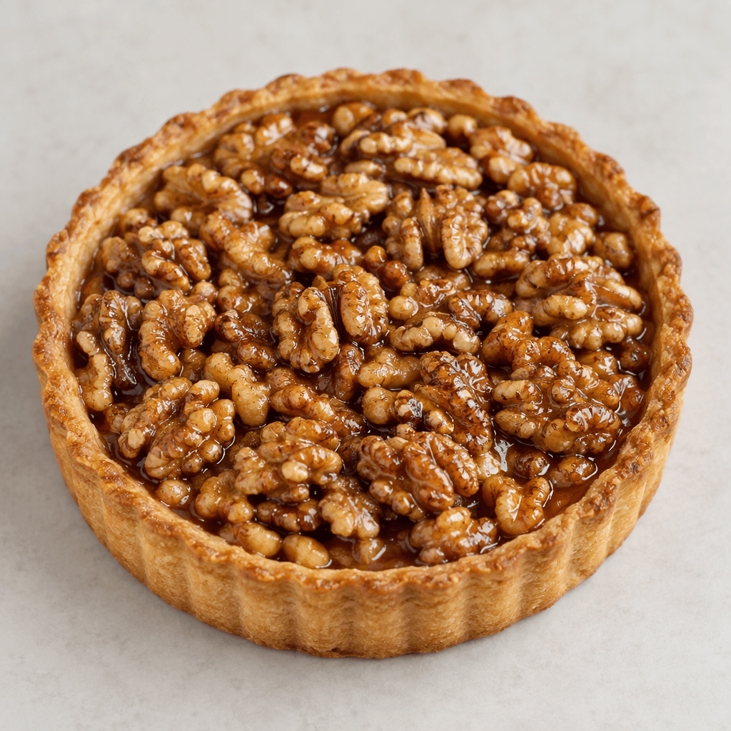 A round tart with a golden-brown pastry shell, a slightly raised crimped edge, and a glossy amber filling densely topped with ridged walnut halves and pieces.