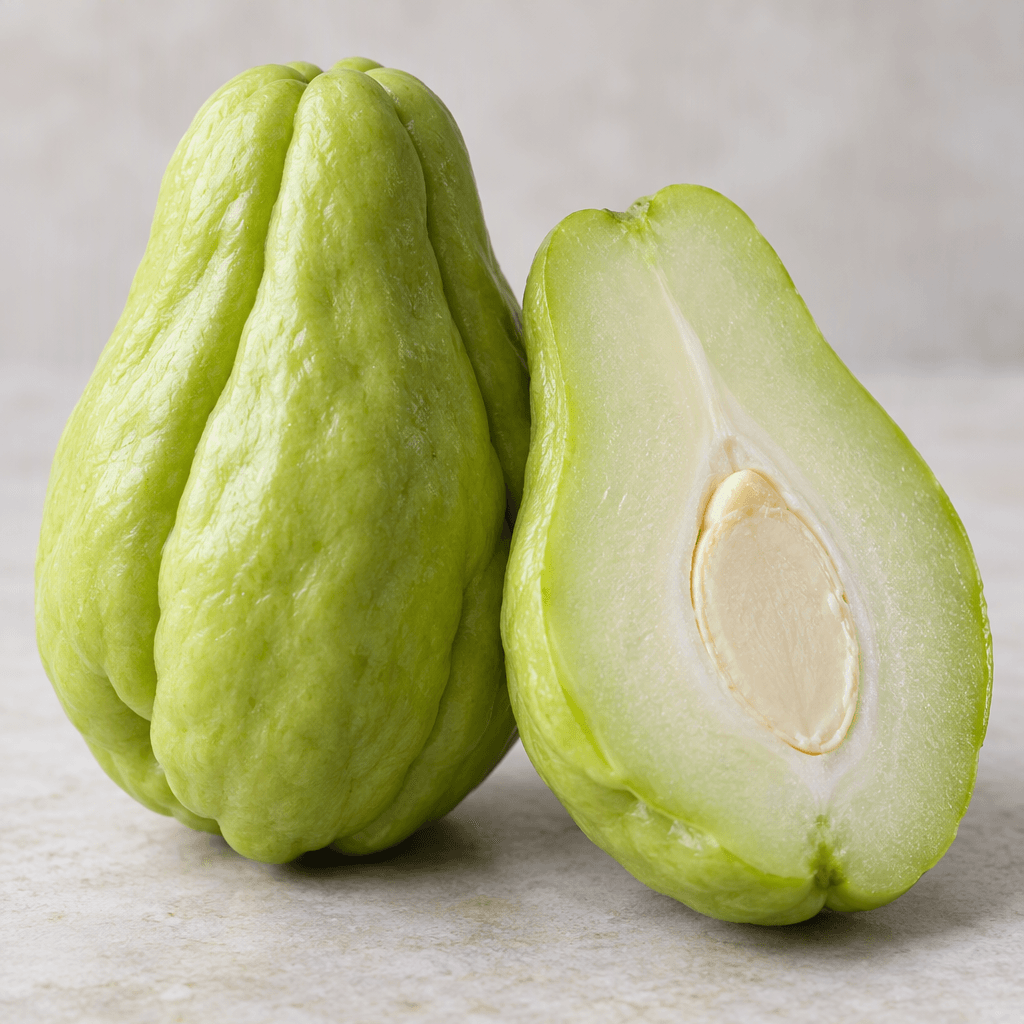 A pale-green, pear-shaped chayote with gently wrinkled ridges and a deep lengthwise groove, shown whole beside a cut half revealing its moist, pale flesh and flat central seed.