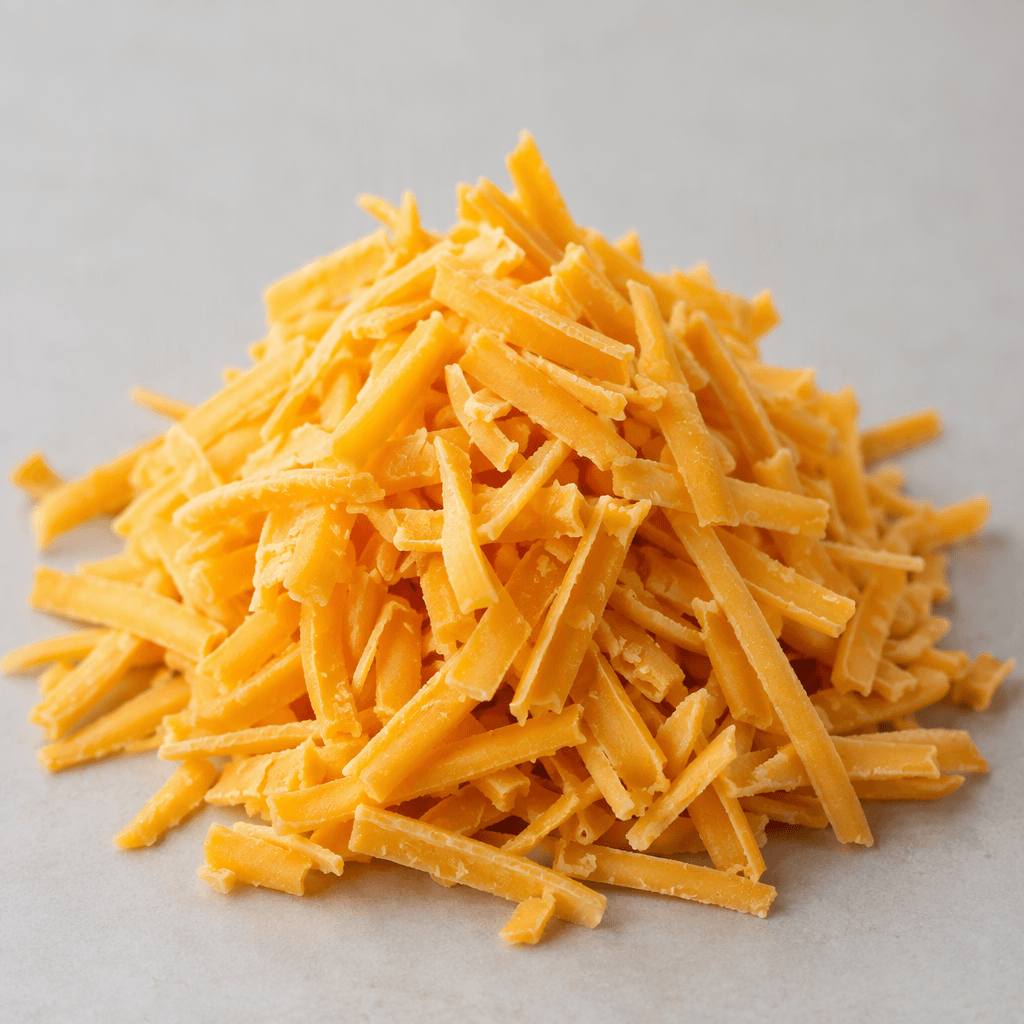 Loose, thin strands of cheddar cheese form a small uneven mound, with a firm, slightly rough texture and a warm yellow-orange colour.