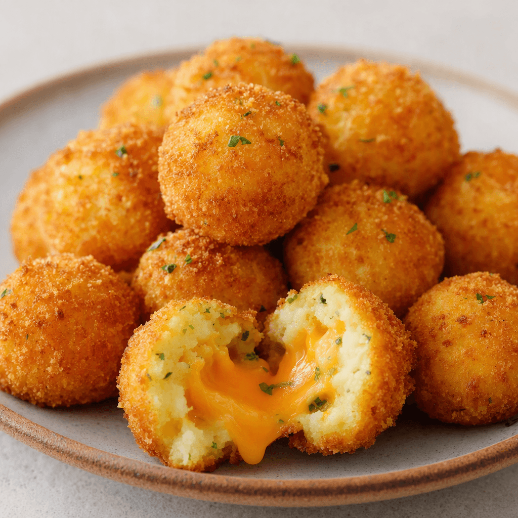 Tabakta, altın sarısı çıtır kaplamalı küçük patates topları dizili; ortadan açılmış birinin içindeki yumuşak patates ve erimiş, turuncuya çalan cheddar peyniri görünüyor.