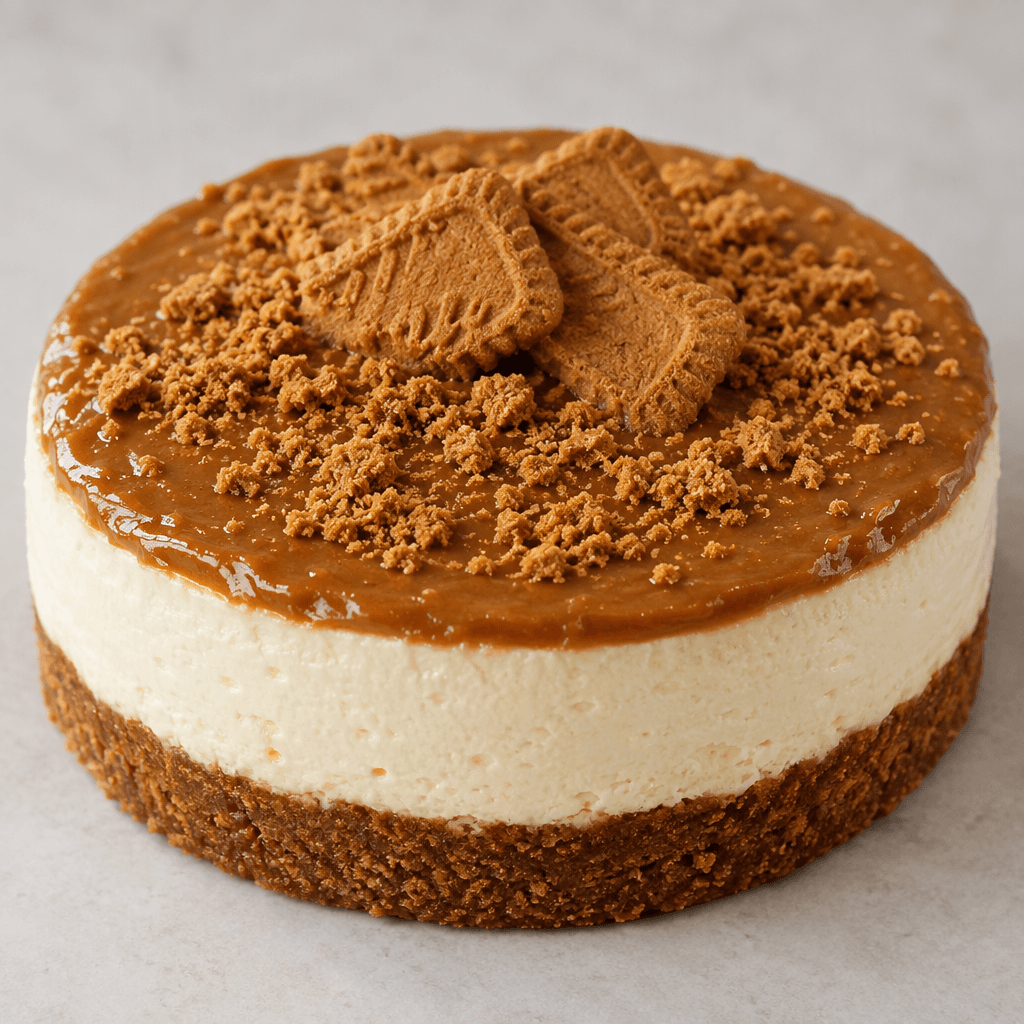 A round cheesecake with a compact, dark golden-brown crumb base, a thick smooth ivory filling, and a glossy caramel-brown topping scattered with fine biscuit crumbs and topped with a few crisp rectangular biscuits.