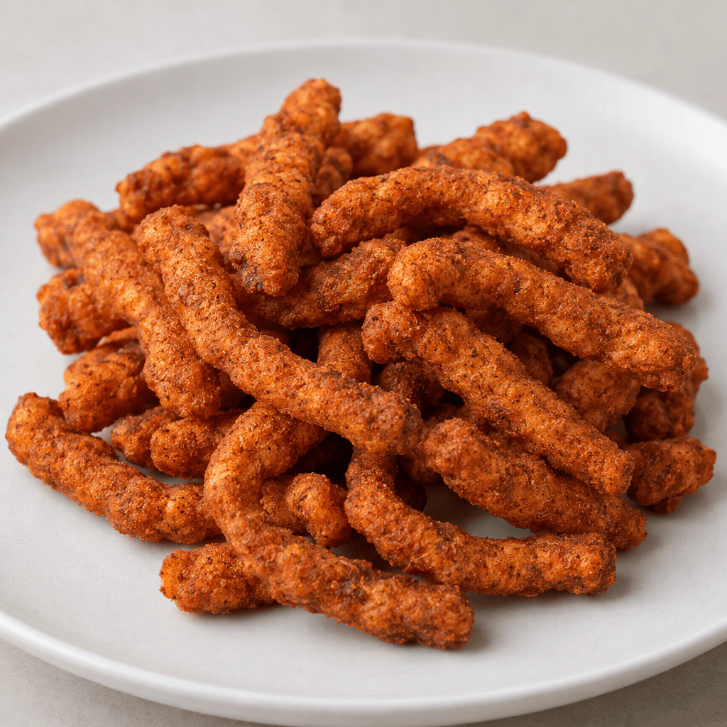 A small pile of short, irregularly curved crunchy corn sticks, coated in a rusty orange-red seasoning with a lightly dusty, uneven surface, rests on a plain plate.